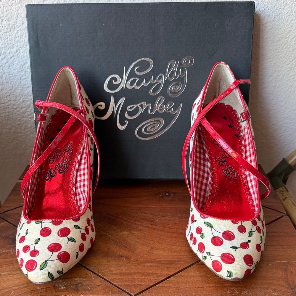 naughty monkey Red Cherry Print Mary Jane Heels with Cross Straps